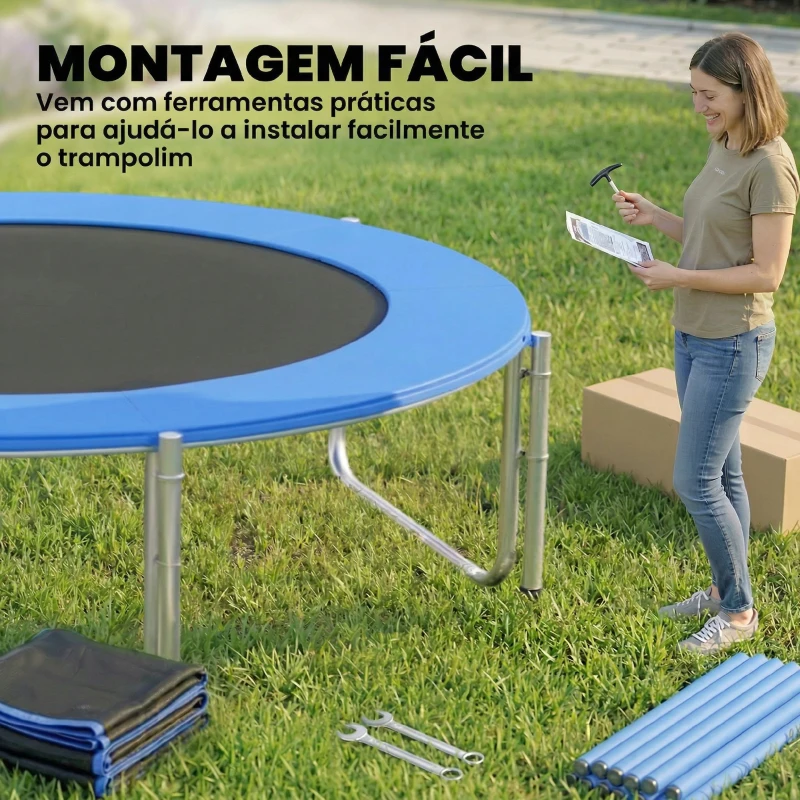 SPORTNOW Trampolim para Crianças Exterior Ø366 cm com Rede de Segurança Escada Acolchoamento de Molas Azul