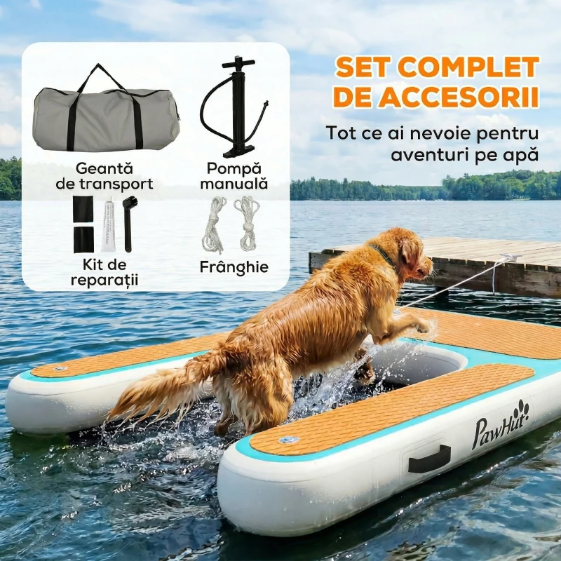 PawHut Rampă Gonflabilă pentru Câini XL pentru Piscină, Barcă și Platformă, 151x102cm, cu Suprafață Antiderapantă din EVA, pentru Câini de Talie Mare până la 100kg