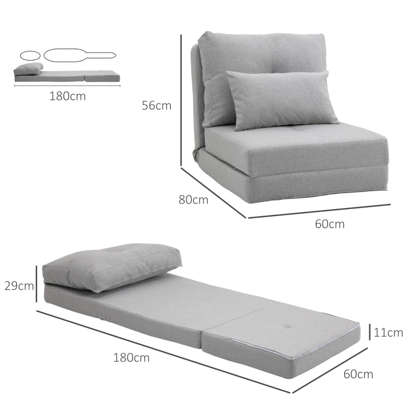 HOMCOM Sofá Cama Individual Plegable Sofá Cama Tapizado en Lino con Respaldo Ajustable 5 Posiciones 1 Almohada Gris Claro