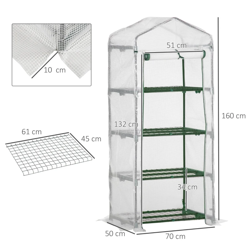 Outsunny 4 Tier Mini Greenhouse, Portable Small Green House with Roll-up Door, PE Cover, 70 x 50 x 160 cm, White