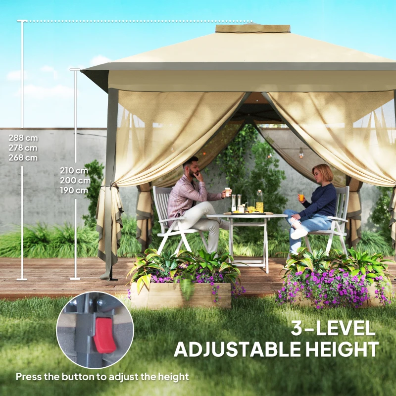 Outsunny 330cm x 330cm Pop Up Canopy - Double Roof Foldable Tent with Zipped Mesh Sidewalls, Adjustable Height, and Carrying Bag, Event Tent for Patio Garden, Beige