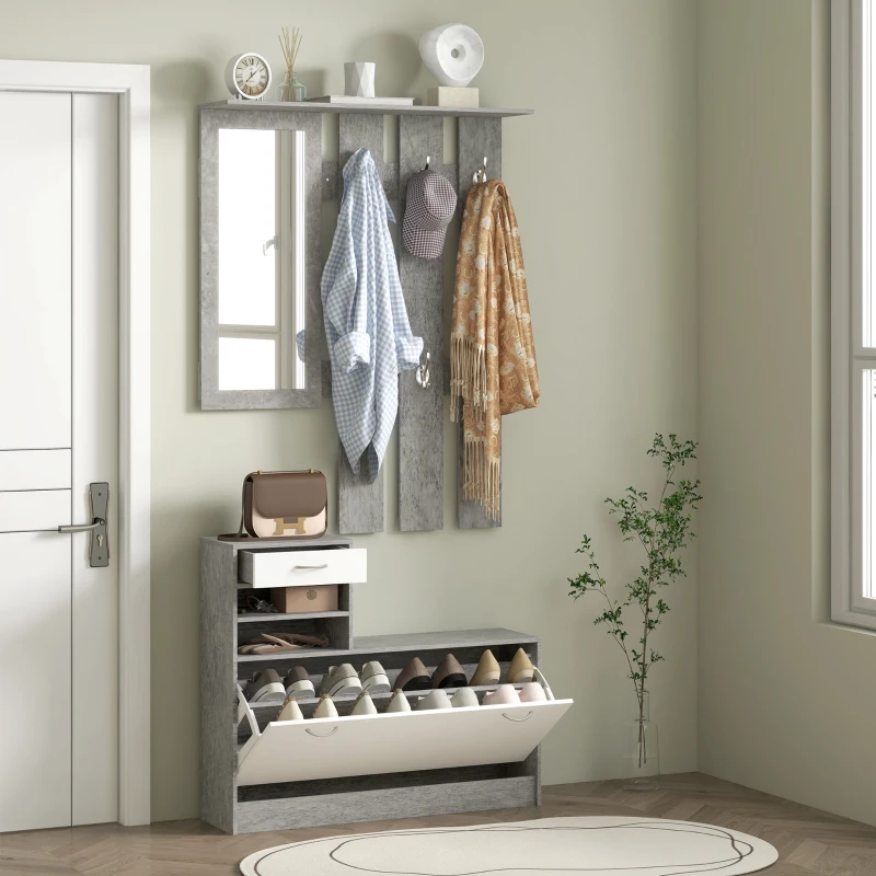 HOMCOM Set Mobile da Ingresso con Appendiabiti a 6 Ganci, Mobile Scarpiera con Cassetto e Specchio, Grigio