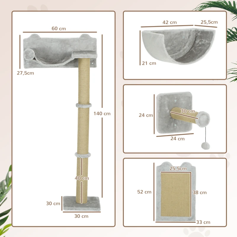 PawHut 5 Piece Cat Shelf Set, Wall Mounted Cat Tree with Scratching Posts & Pad, Cat Bed, Ladder, Steps, Dangling Toy Balls, Jumping Platform, for Indoor Cats, Light Grey