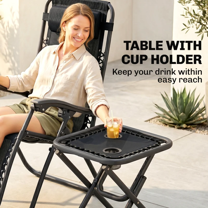 Outsunny 3pcs Folding Zero Gravity Chairs Sun Lounger Table Set w/ Cup Holders Reclining Garden Yard Pool, Black