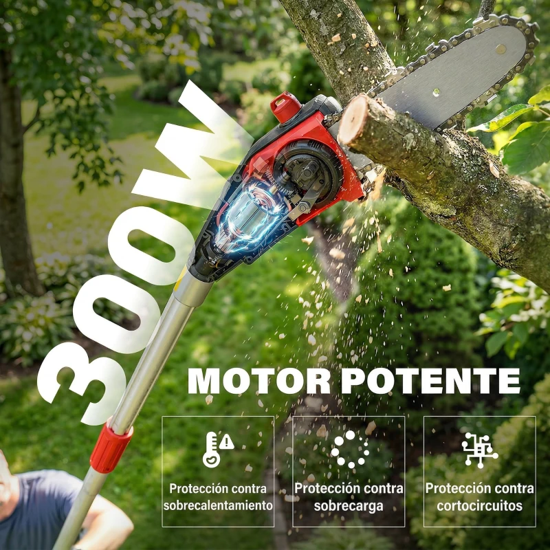 Outsunny Motosierra Eléctrica Extensible 1,94-2,56 m con 2 baterías 4,0 Ah Cargador Doble Bloqueo Lubricación Automática