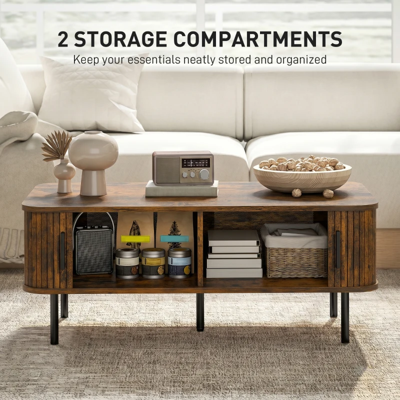 HOMCOM Coffee Table with Storage, Living Room Table with Slatted Tambour Sliding Doors and Foot Pads, Rectangular Coffee Table with Elevated Base for Living Room, Rustic Brown