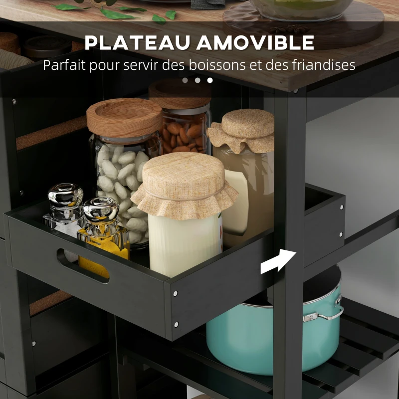 HOMCOM Chariot desserte de cuisine à roulettes plan de travail en bois 3 tiroirs et 1 plateau amovible 67 x 37 x 85,5 cm noir