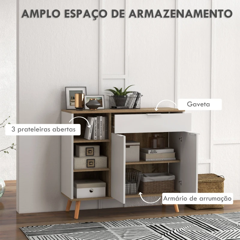 HOMCOM Aparador Branco para Sala de Estar com 1 Gaveta 2 Portas de Fechamento Suave e Prateleiras Ajustáveis 95x35x85 cm Madeira