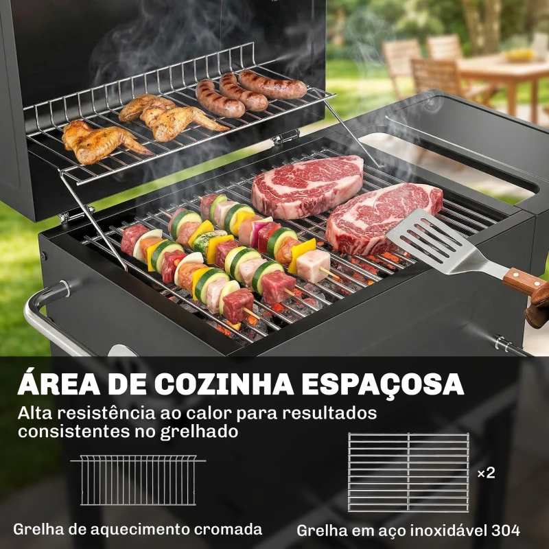 Outsunny Churrasqueira de Carvão Portátil com Grelha em Aço Inoxidável, Prateleira Lateral, Termómetro, Bandeja e Rodas, Preto