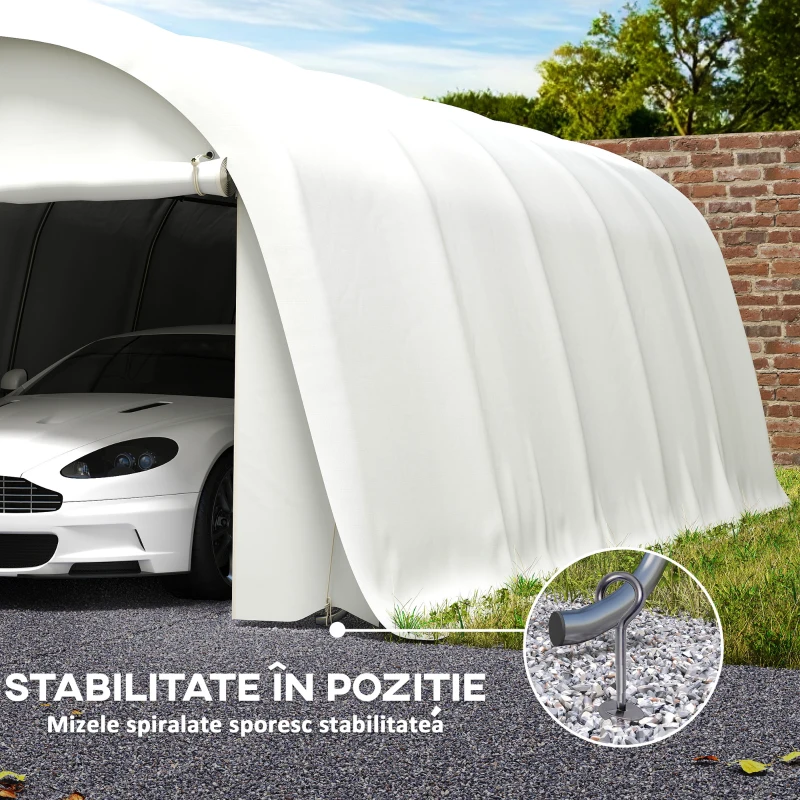 Carport Outsunny 3,6 x 7,2 m Rezistent, Garaj Portabil cu Protecție Solară UPF50+, Cadru Galvanizat, Ușă Mare Rulantă pentru Mașini, Camioane, Bărci, Motociclete, Biciclete, Alb Crem