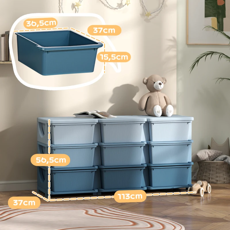 HOMCOM Opbergbox voor kinderen, kinder-opbergbox met 9 laden, blauw