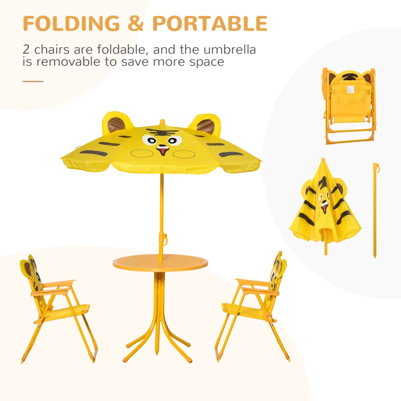 Outsunny Kids 4-Piece Garden Set Tiger Design - Round Table + 2 Folding Chairs + Parasol - Epoxy Metal Oxford Yellow