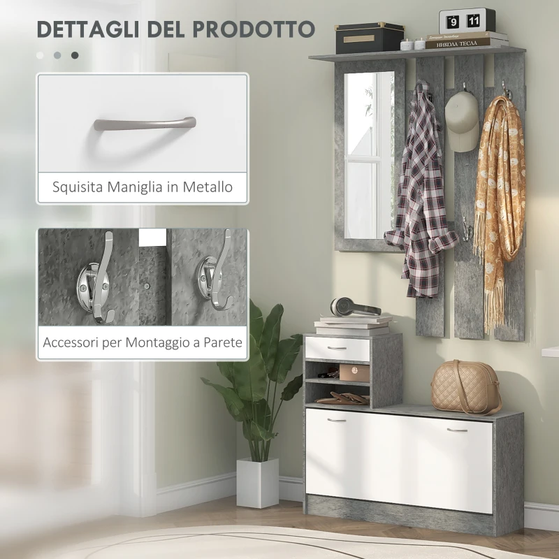 HOMCOM Set Mobile da Ingresso con Appendiabiti a 6 Ganci, Mobile Scarpiera con Cassetto e Specchio, Grigio