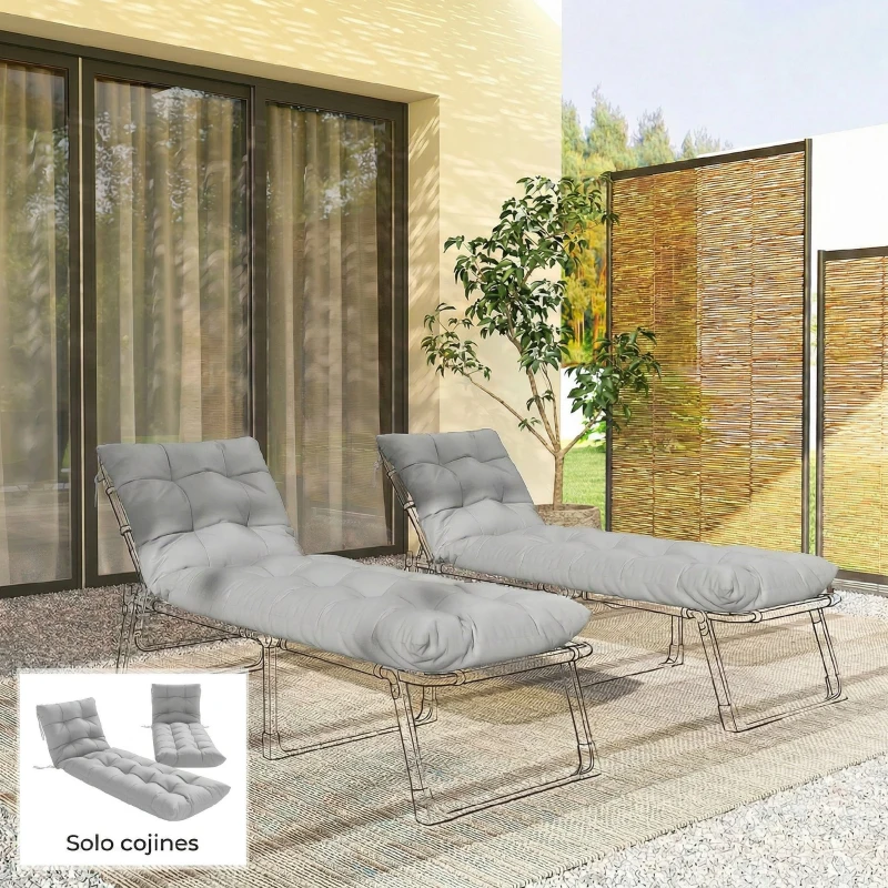 Outsunny Juego de 2 Cojines para Tumbonas 180x55 cm Cojines para Sillas de Jardín Gruesas UPF30+ con 4 Cintas Gris Claro