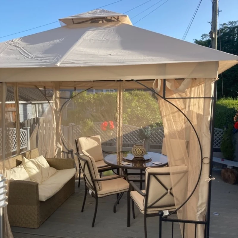 Outsunny 3 x 3(m) Garden Gazebo Patio Party Tent Shelter Outdoor Canopy Double Tier Sun Shade Metal Frame Netting, Beige
