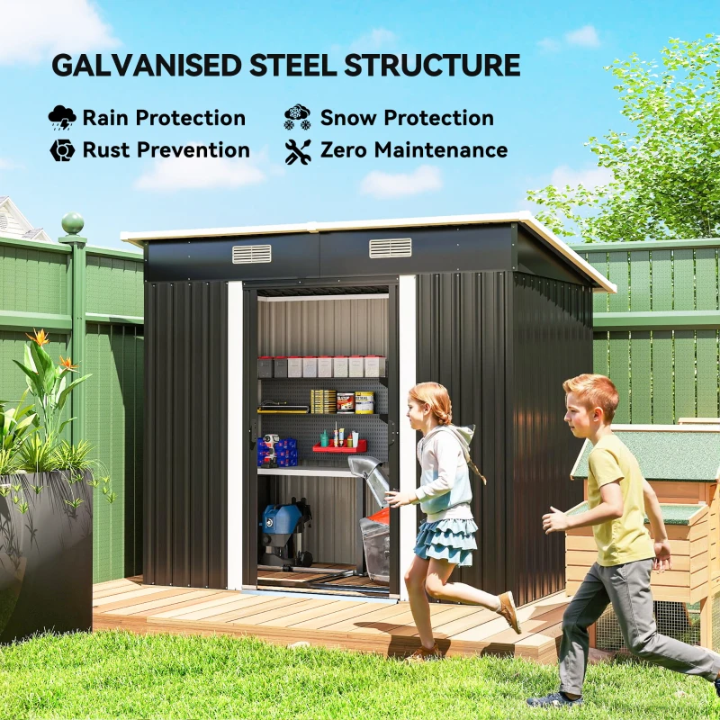 Outsunny 7 x 4ft Outdoor Storage Shed with Foundation Kit, Lean to Metal Garden Shed for Log, Rubbish Bin, Tool, Lawnmower, Bike, Patio and Lawn Use, Black
