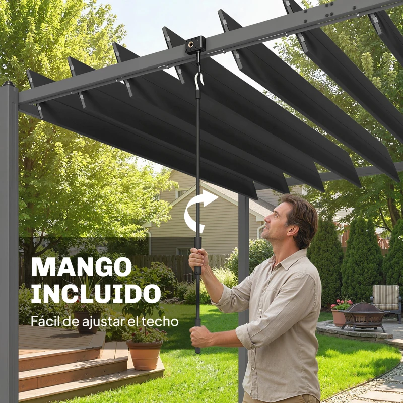 Outsunny Pérgola de Jardín 3x5,7 m con Techo de Lamas Ajustable a 90° Manivela Estructura de Aluminio UPF50+ Gris Oscuro