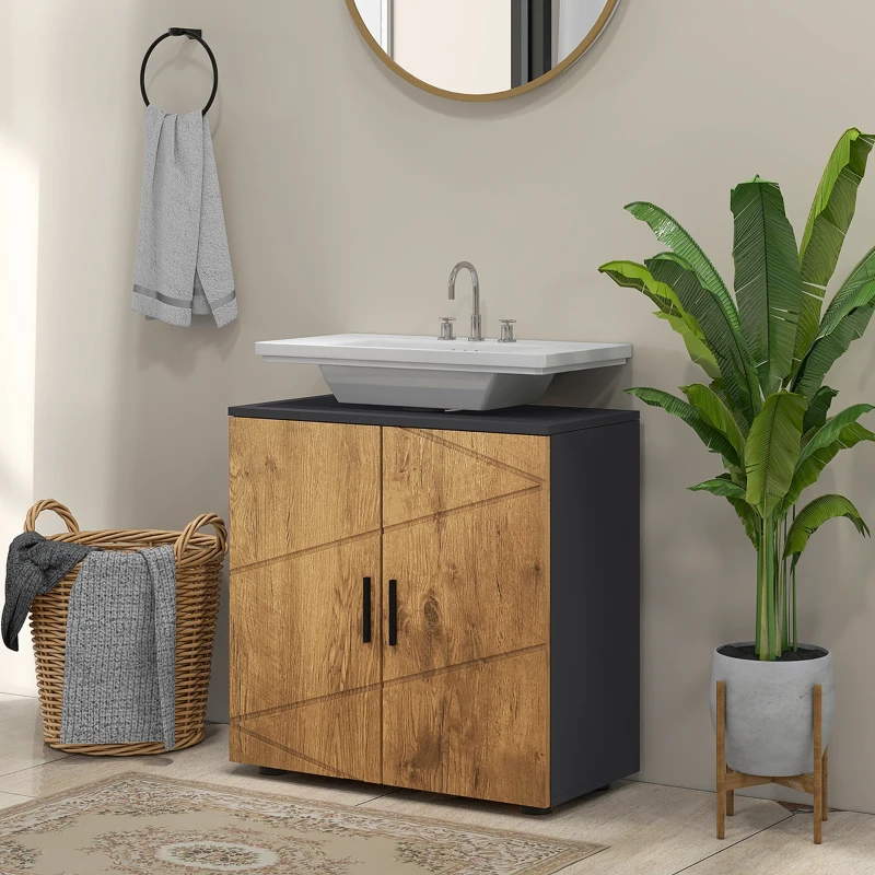 kleankin Meuble sous vasque lavabo meuble de salle de bain 2 portes avec étagère 60 x 30 x 60 cm gris anthracite et aspect bois
