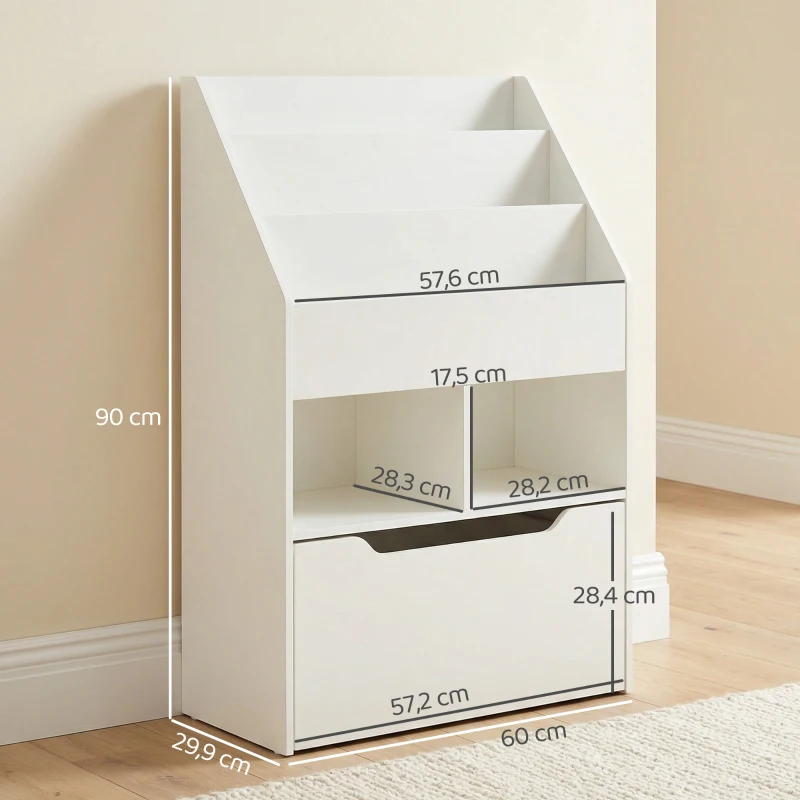 HOMCOM Estante de Madeira para Brinquedos com 3 Compartimentos 2 Cubos e Gaveta Móvel com 4 Rodas Estante para Livros Infantil para Dormitório Infantil Sala de Jogos 60x29,9x90cm Branco