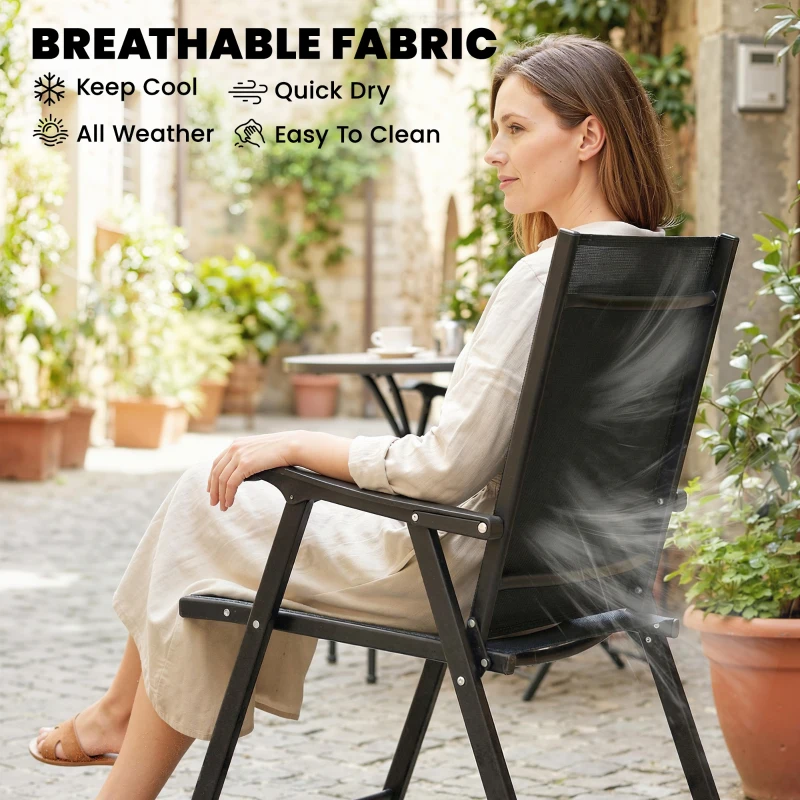 Outsunny Zestaw 2 składanych krzeseł ogrodowych z wysokim oparciem, podłokietnikami, stal, Texteline, 58 x 62 x 97 cm, czarny