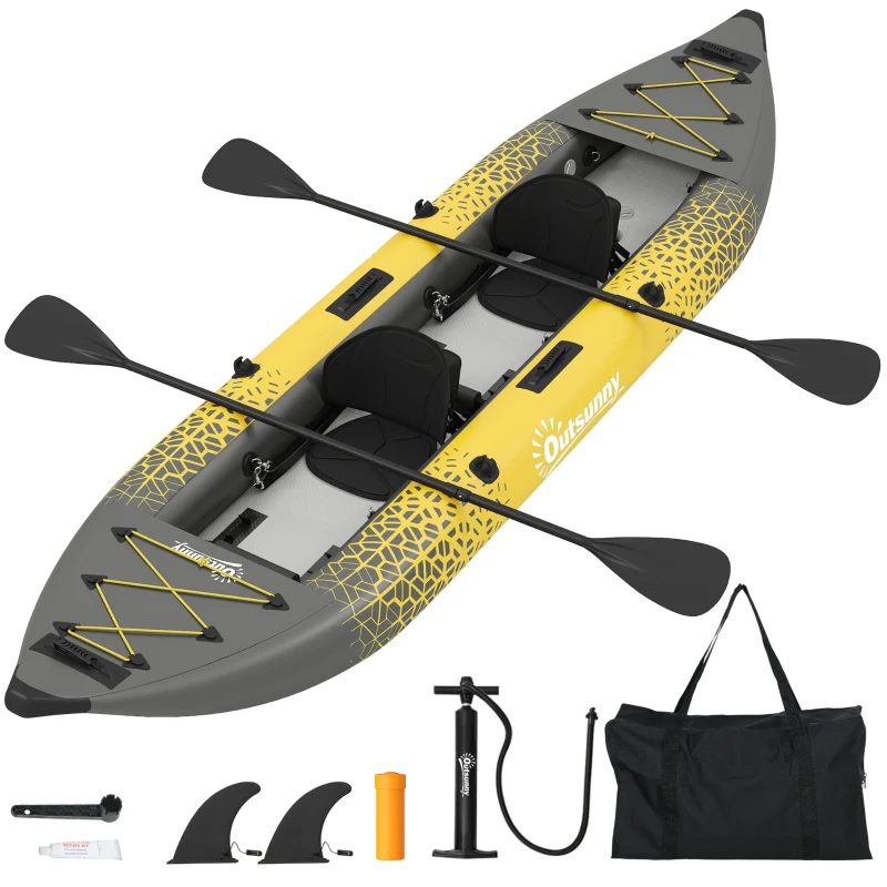 Outsunny 12.5' Inflatable Kayak Set, 2-person Sit on Canoe with Aluminium Oars, Grey and Yellow