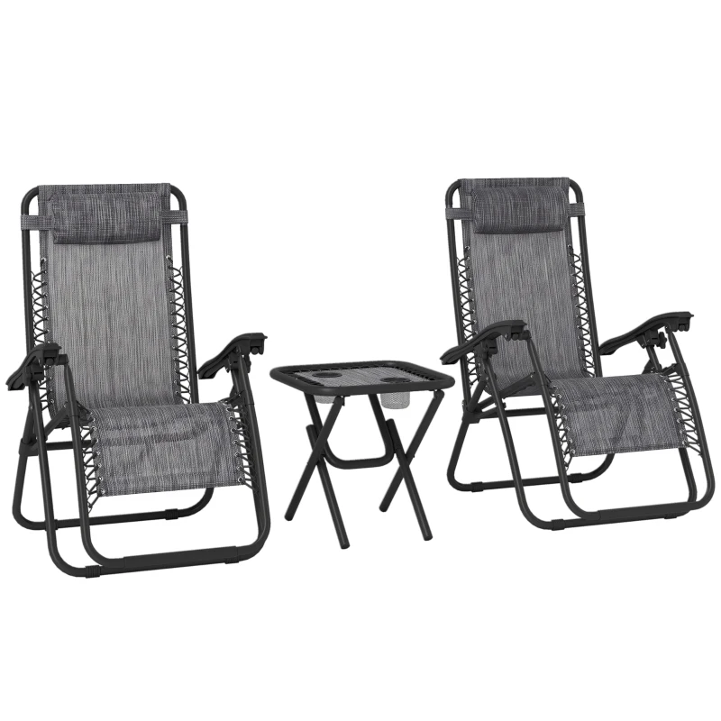 Outsunny 3pcs Folding Zero Gravity Chairs Sun Lounger Table Set w/ Cup Holders Reclining Garden Yard Pool, Light Grey