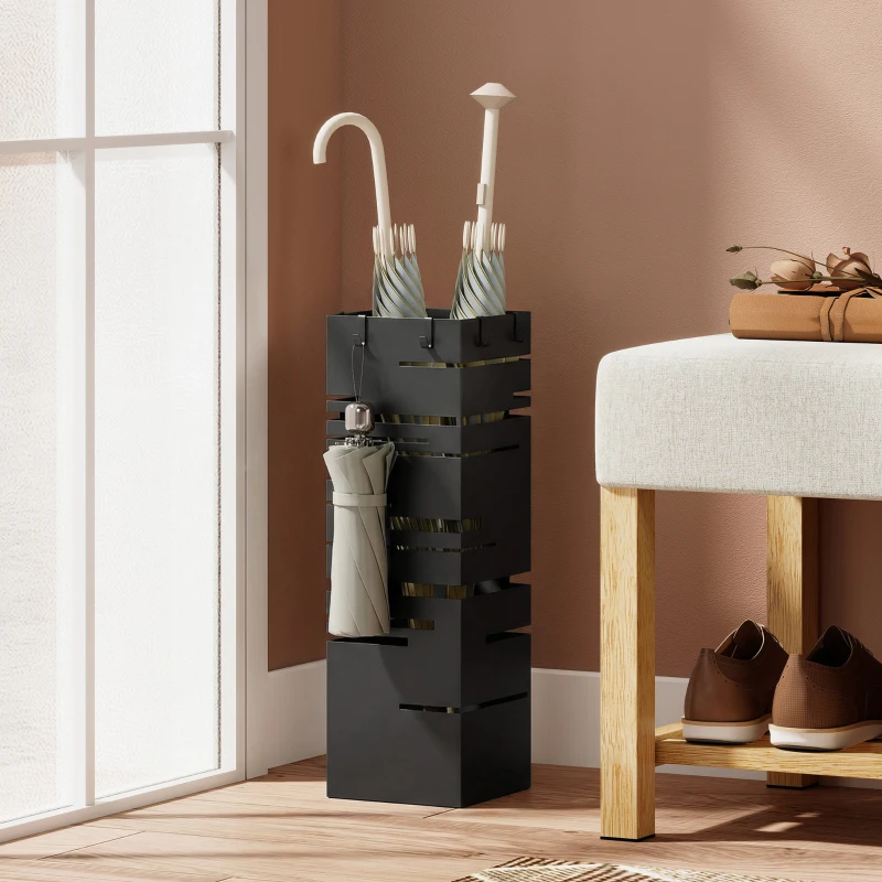 HOMCOM Paragüero Metálico con 4 Ganchos y Bandeja de Goteo Extraíble para Entrada Oficina 15,5x15,5x49 cm Negro