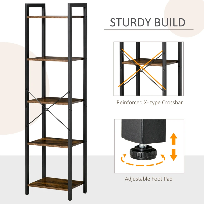HOMCOM Industrial Style Bookcase H154 cm 5 Shelves Black Steel Particleboard Aged Wood Look