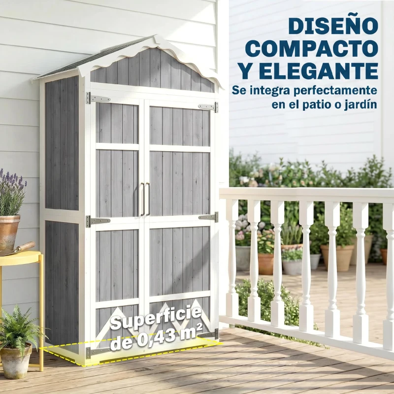 Outsunny Caseta de Jardín de Madera 105x55x179 cm Armario para Herramientas con 4 Estantes Techo de Metal Galvanizado Gris
