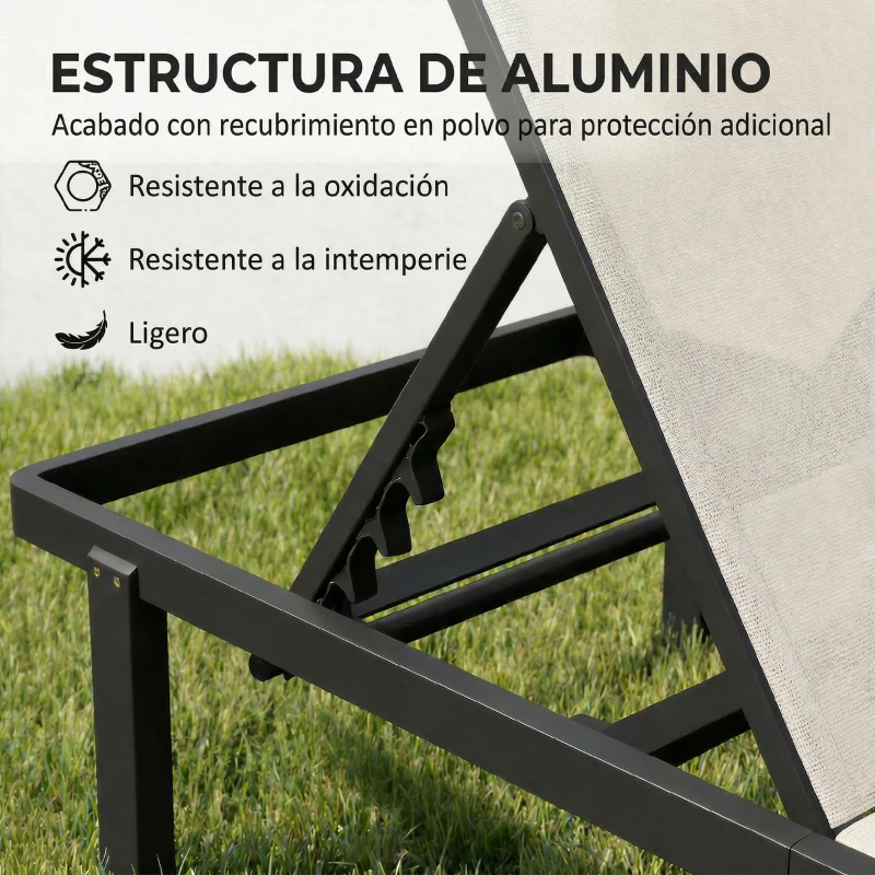 Outsunny Conjunto de 2 Tumbonas Reclinables con Ruedas Respaldo Ajustable 4 Niveles Estructura de Aluminio Tela Textilene Beige