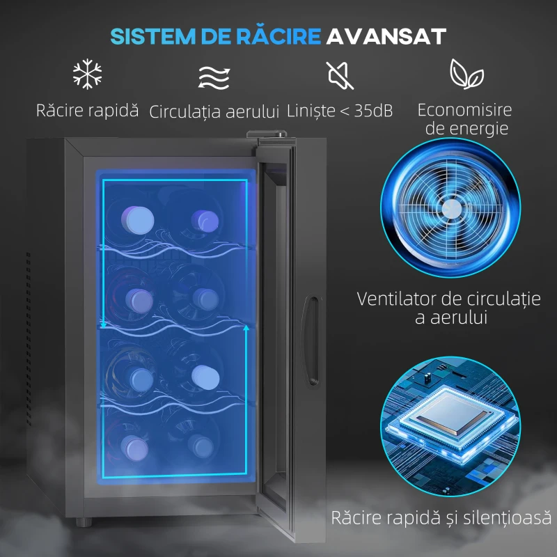 HOMCOM Cantineta Frigorifică pentru 8 Sticle de Vin, Capacitate 21L, Display Touch și Rafturi Reglabile, Negru