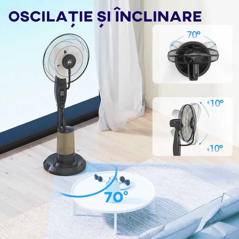 HOMCOM, Ventilator cu nebulizator, 3 Moduri și 3 Viteze, Metal, ABS, 44.5 x 38.5 x 120 cm, Negru