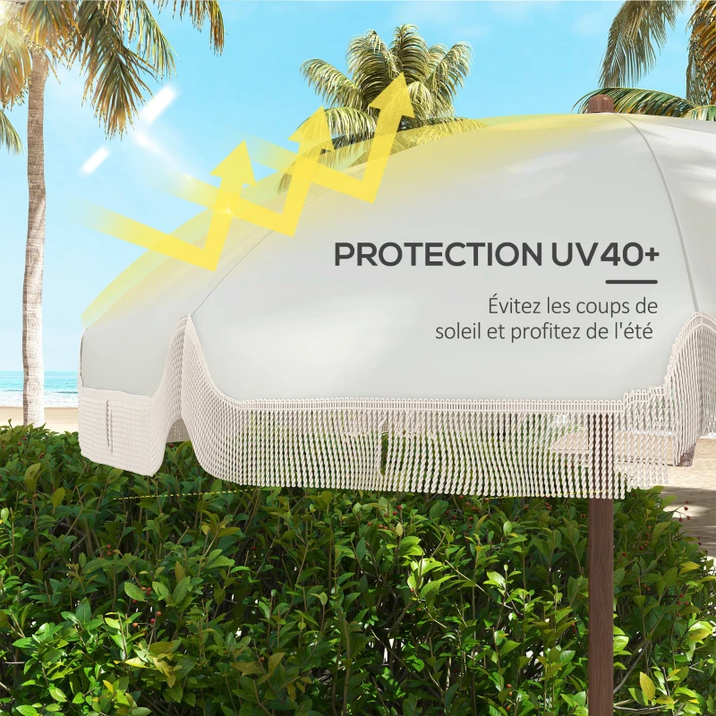 Outsunny Parasol de plage parasol d'extérieur rond parasol à frange protection UV 40 + avec 8 baleines gris clair