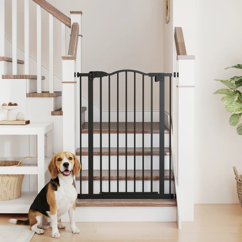PawHut Barrera de Seguridad para Perros 74-80 cm con 2 Extensiones Montaje a Presión Doble Bloqueo para Puerta Escalera Negro