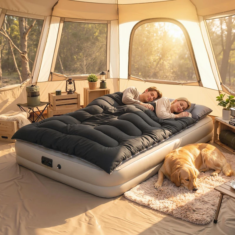 Outsunny Sac de Dormit Dublu pentru Adulți, Matrimonial pentru 2 Persoane, Ușor cu 2 Perne, pentru Climat Rece și Cald, Camping, Drumeții, Rucsac, Negru