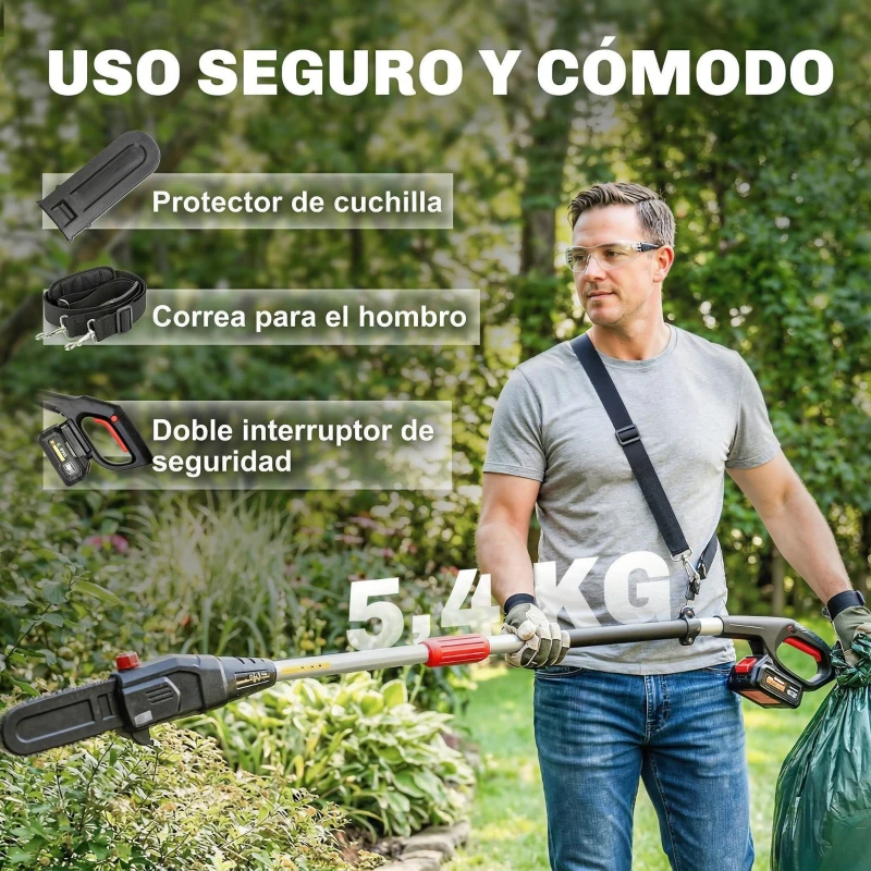 Outsunny Motosierra Eléctrica Extensible 1,94-2,56 m con 2 baterías 4,0 Ah Cargador Doble Bloqueo Lubricación Automática