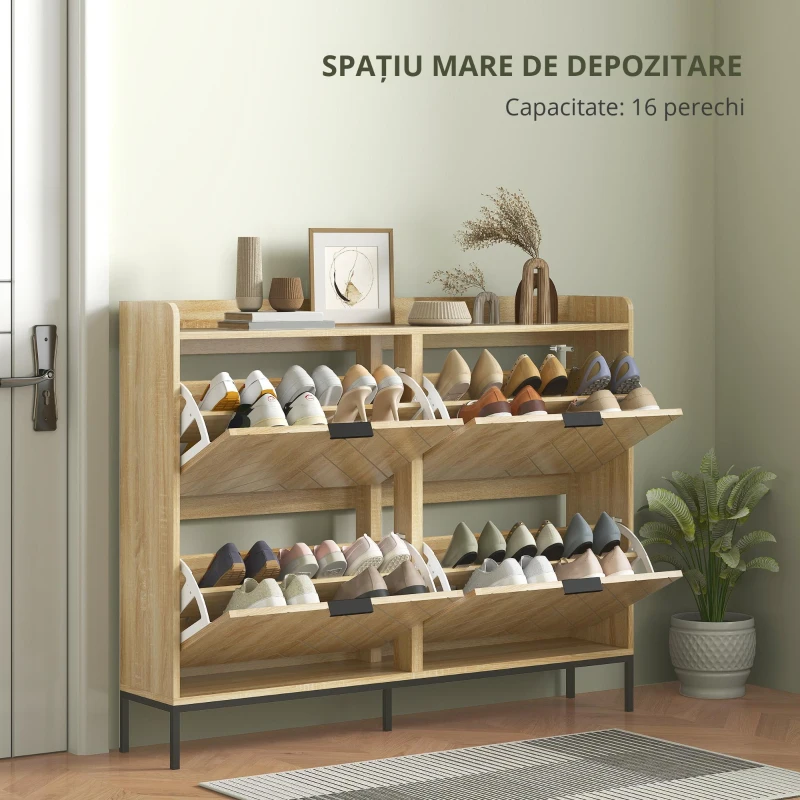 HOMCOM Mobila de pantofi 16 perechi cu 4 sertare, uși rabatabile, rafturi reglabile, 110 x 23,5 x 95,5 cm, stejar