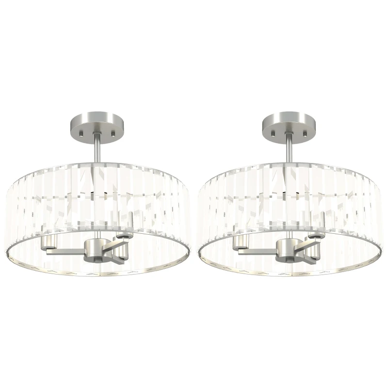 HOMCOM Crystal Ceiling Light Fixture Set of 2, Semi Flush Mount Modern Chandelier for Living Room, Bedroom and Hallway, 3-Lights with E14 Base, Silver Tone