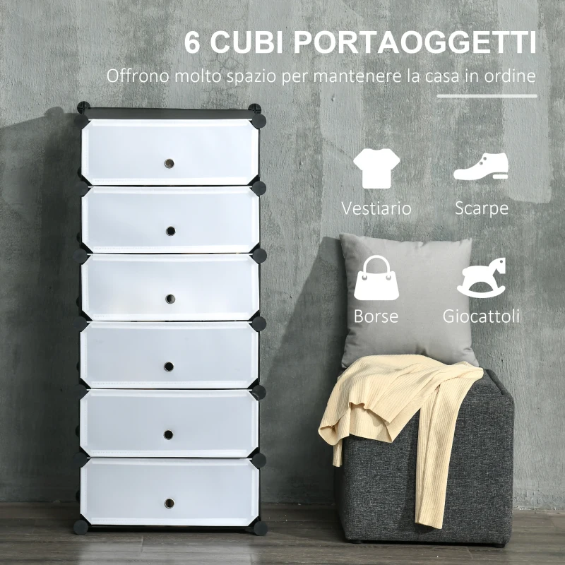 HOMCOM Scarpiera Modulare Salvaspazio con 6 Scatole in Plastica PP e Acciaio, 49x36.5x108 cm, Nero e Trasparente