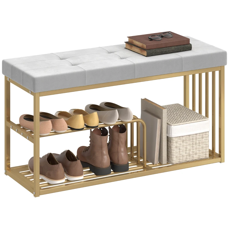 HOMCOM Bench and Shoe Storage, Tufted Shoe Storage Bench with Velvet Seat Cushion Gold Steel Frame for Entryway, Grey