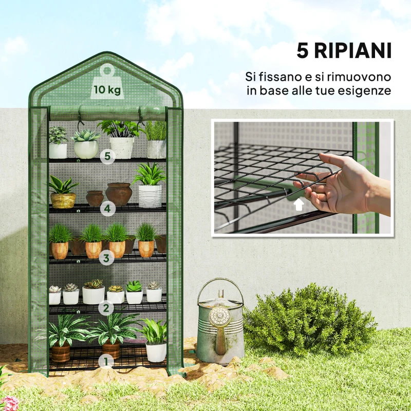 Outsunny Serra a Casetta a 5 Livelli con Ingresso Avvolgibile, in Acciaio e Polietilene, 90x49x193 cm, Verde