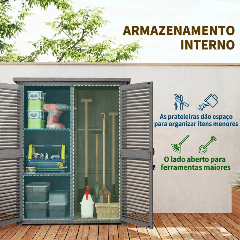 Outsunny Armário de Jardim 0,83 m² 127x65x168 cm com 2 Portas de Persiana 2 Estantes e Telhado Impermeável Cinza