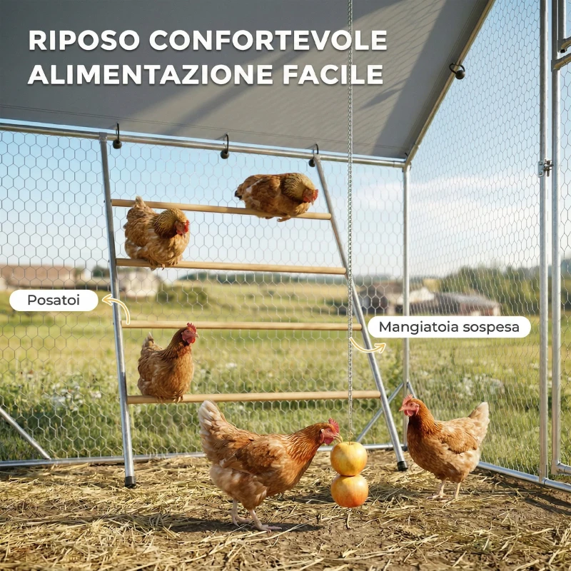PawHut Recinto per Galline da 6m² per 6-8 Animali con Tetto Impermeabile, Mangiatoia e Posatoio, 3x2x1.9m, Argento