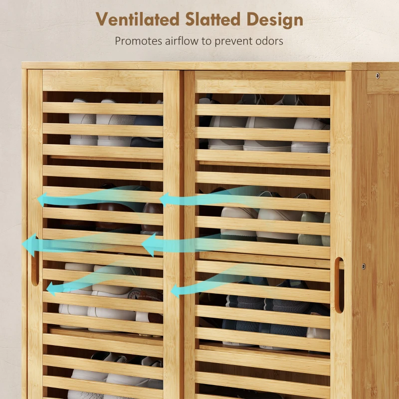 HOMCOM Bamboo Shoe Cabinet with 2 Sliding Slat Doors, 16Pairs, Adjustable Shelves, Natural