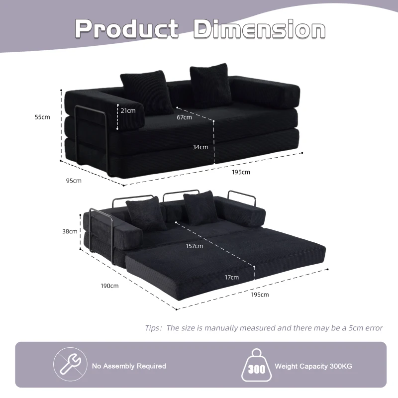 Bodencouch, Kompressionssofa, umwandelbares Bodenschlafsofa mit Kissen-Rückenlehne, bequemes Futon-Couch-Lounge-Schlafsofa, Cordstoff, für Wohnzimmer, Schlafzimmer (Schwarz)