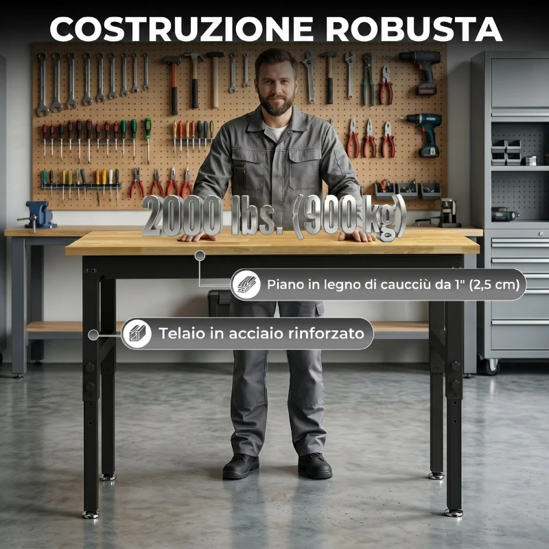 HOMCOM Banco da Lavoro in Legno e Acciaio Altezza Regolabile, 2 Prese AC, Capacità 900 kg, Color Legno e Nero