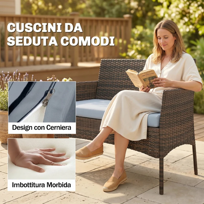 Outsunny Set da Giardino 4pz con Divano 2 Posti, 2 Sedie e Tavolino Basso, in Rattan e Acciaio, Grigio e Marrone