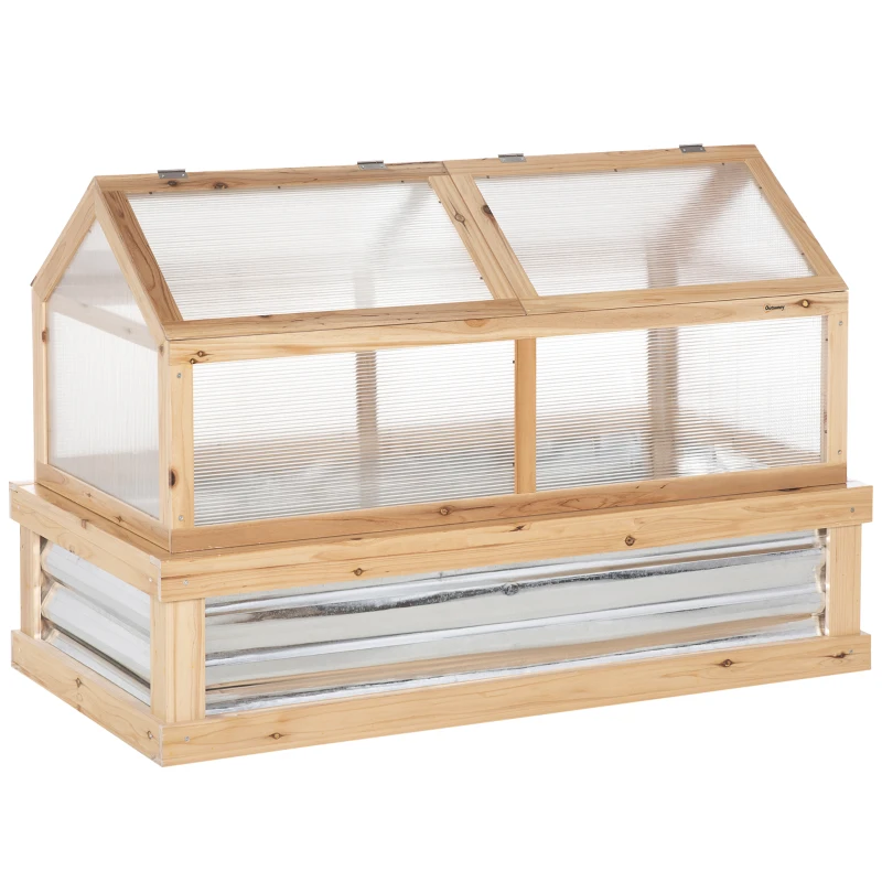 Outsunny Raised Garden Bed with Greenhouse Top - Garden Wooden Cold Frame Greenhouse Flower Planter Protection with 2 Independent Roofs, 122 x 61 x 82 cm, Natural