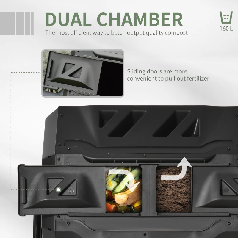 Outsunny Garden Composter - Compost Bin for Waste - 360° Rotating - Double Chamber 160 L - Black, PP & Epoxy Steel