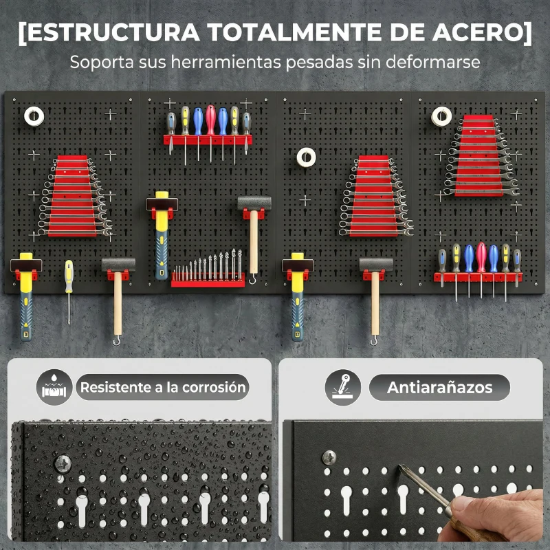 HOMCOM 4 Paneles de Herramientas de Pared 38 Piezas cada panel 60x40 cm con Ganchos y Estantes Negro y Rojo
